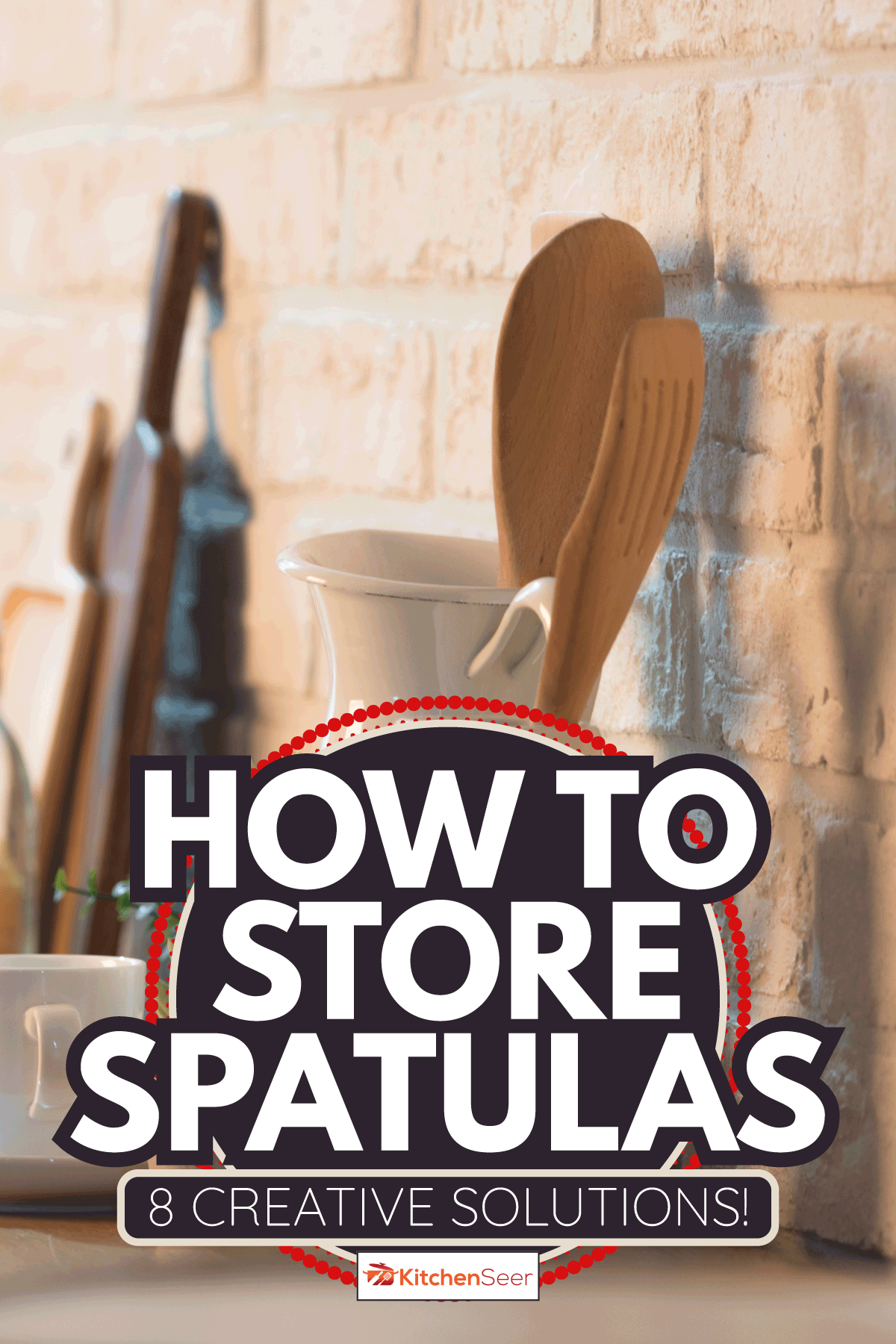 Kitchen utensils and dishware on wooden shelf. Kitchen interior. How To Store Spatulas - 8 Creative Solutions