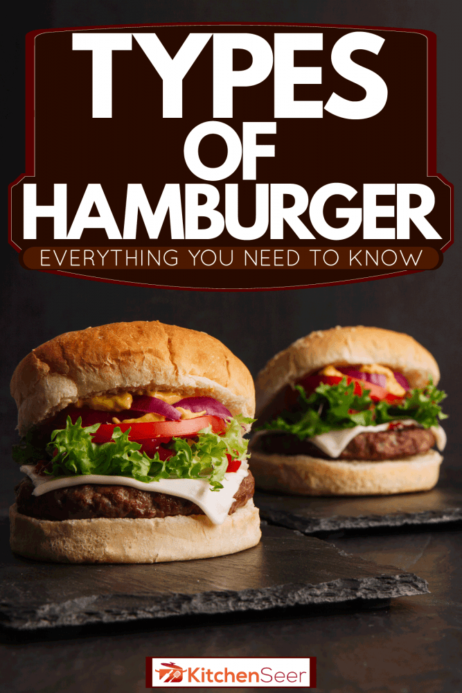 Two tasty beef burger with lettuce, tomatoes, cheese, and bacon on a small black tray, Types Of Hamburger [Everything You Ever Need To Know]