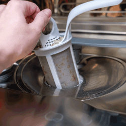 A hand taking out a dirty drain filter of dishwashing machine. Do Dishwashers Only Drain When On