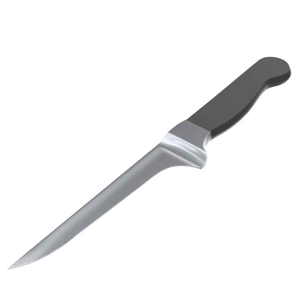An up close photo of a boning knife on a white background