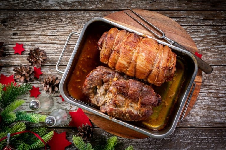 Baked bacon roulade and roasted pork neck in a metal roasting pan, Should You Put Water In The Bottom Of The Roasting Pan?