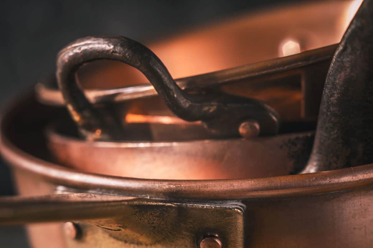 Copper pots and pans close-up horizontal