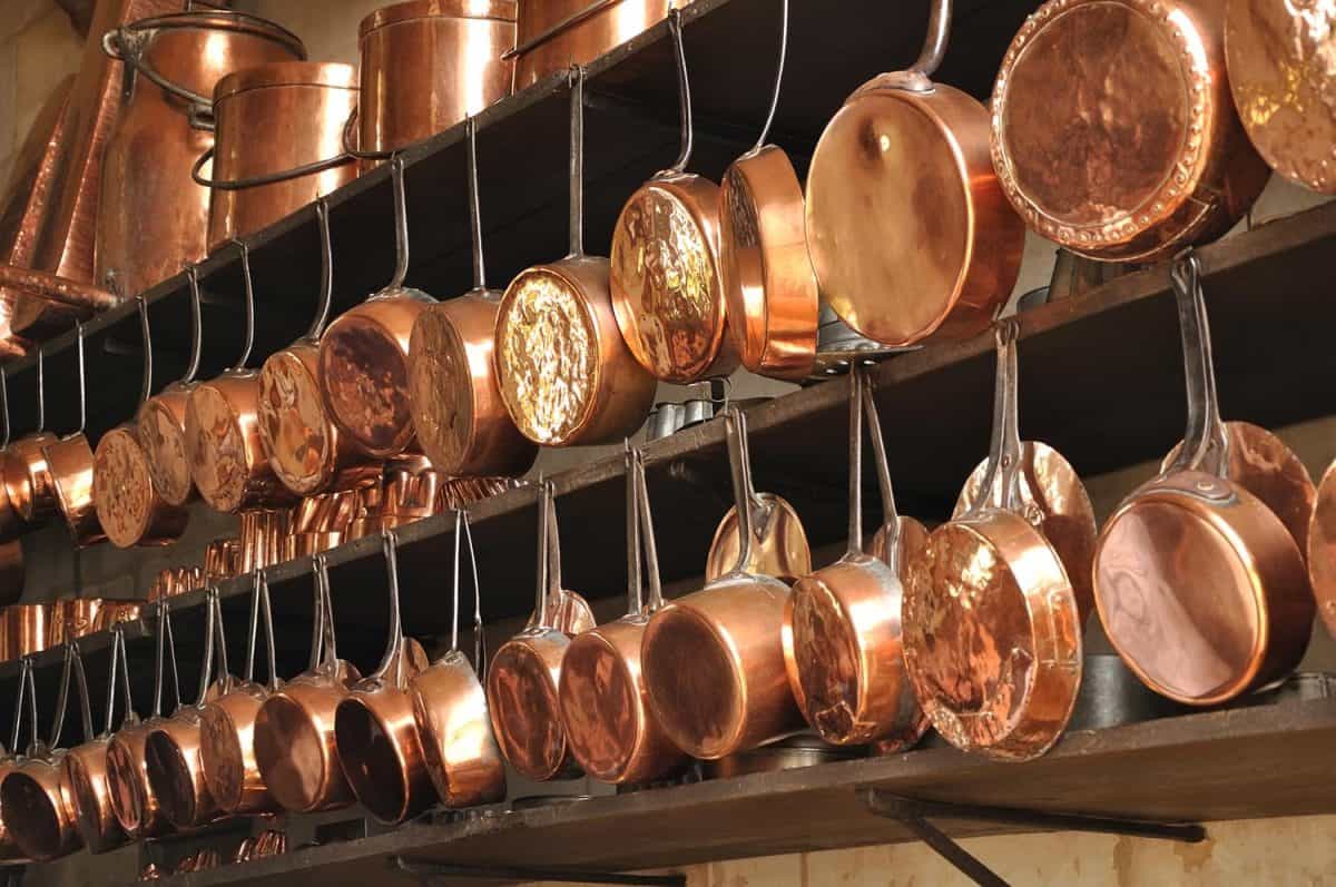 Copper pots in an old kitchen