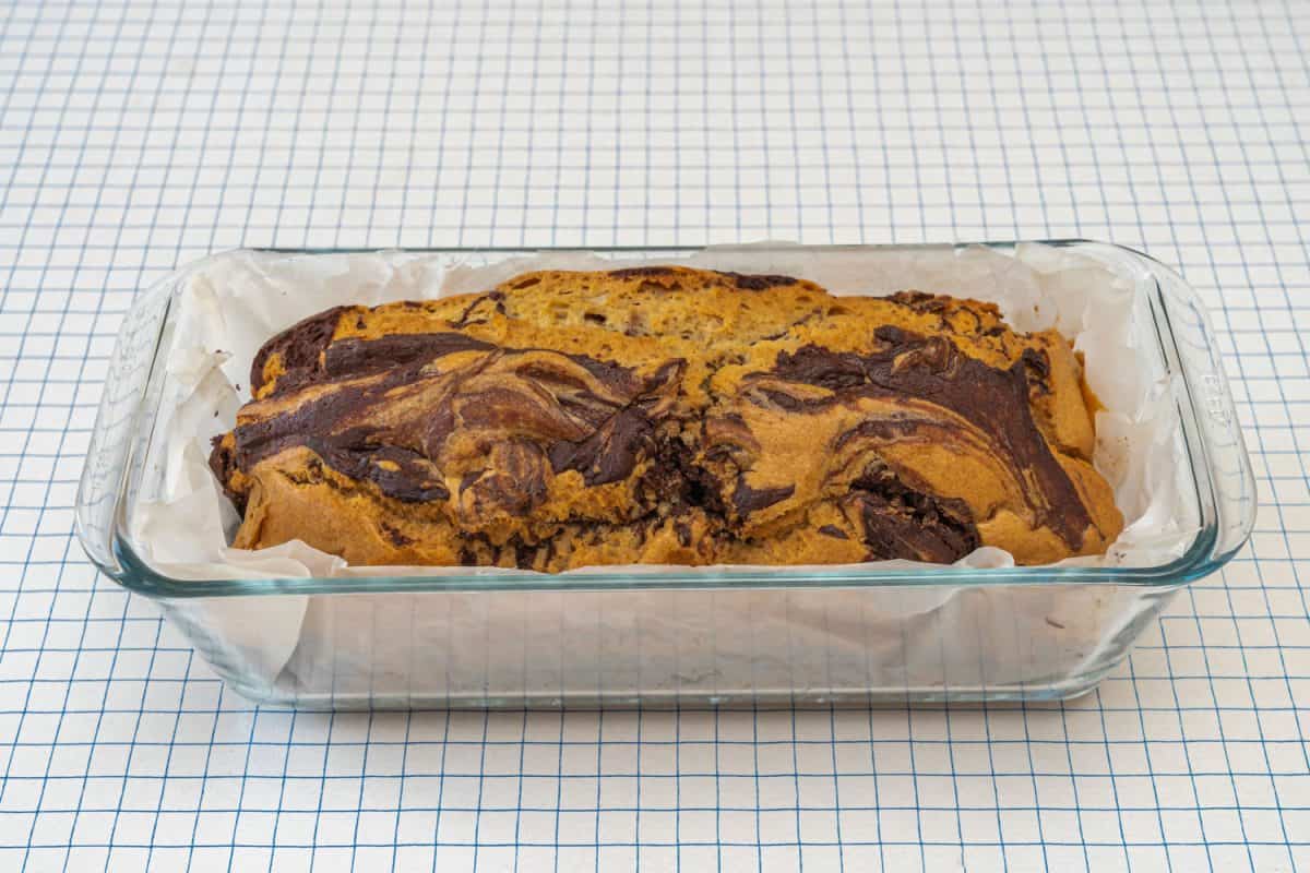 Delicious marble chocolate cake baked in a glass pyrex 