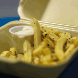 French fries with garlic sauce on Disposable container. French Fries Too Soft And Soggy - What To Do
