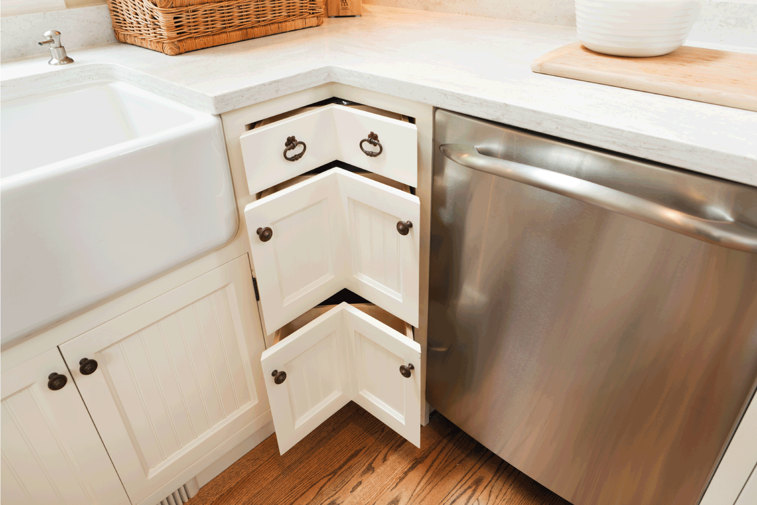 Modern kitchen design details, featuring efficient corner drawer units in kitchen cabinetry