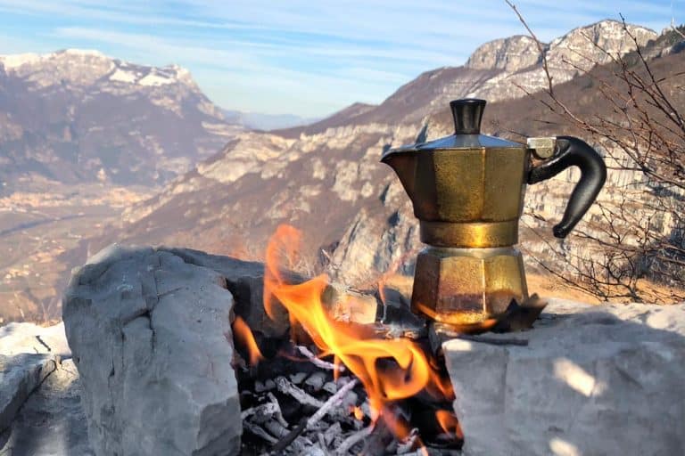 Moka on the fire in winter mountains panorama, How To Use A Campfire Coffee Percolator