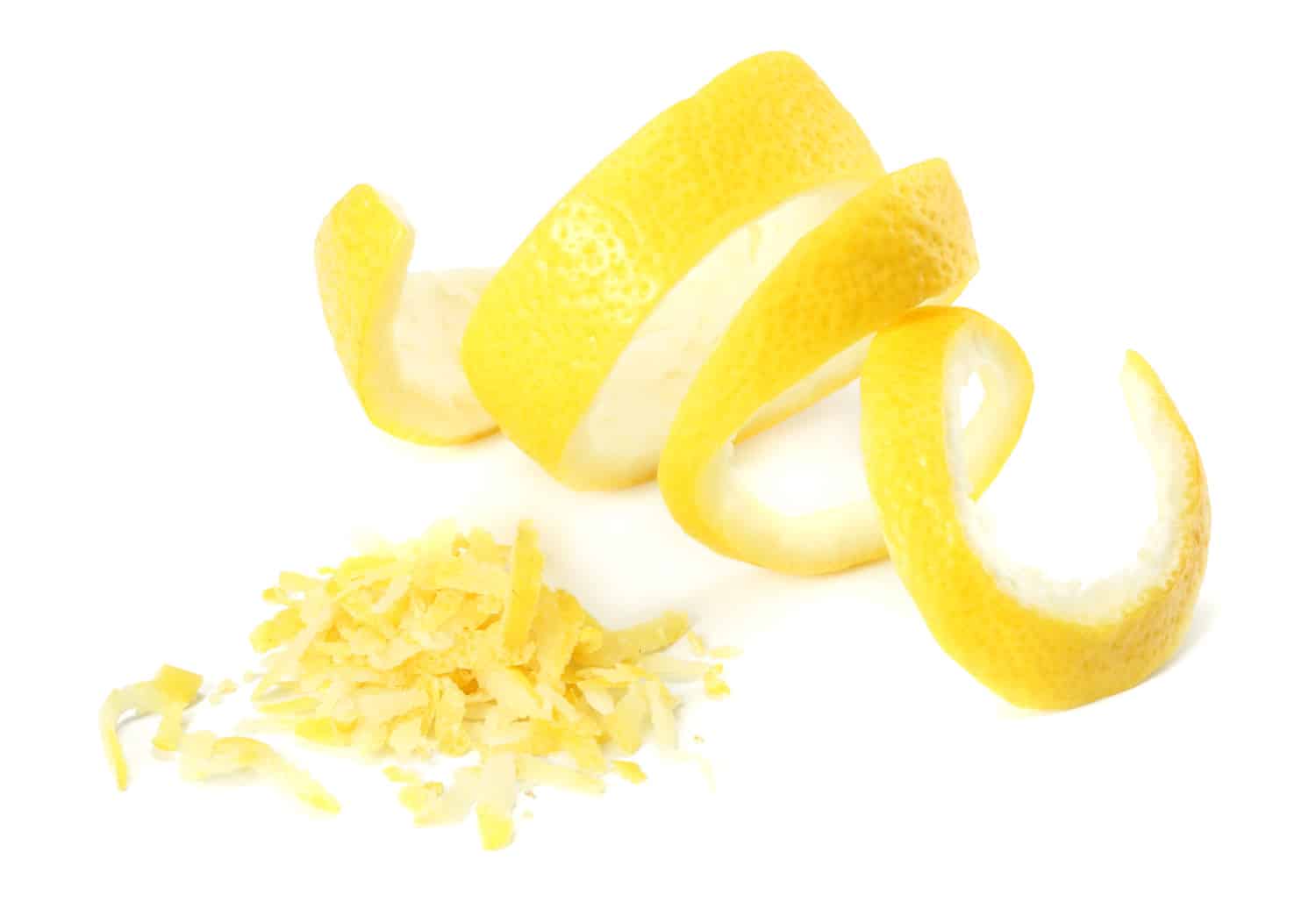 fresh lemon peel and lemon zest isolated on white background. healthy food