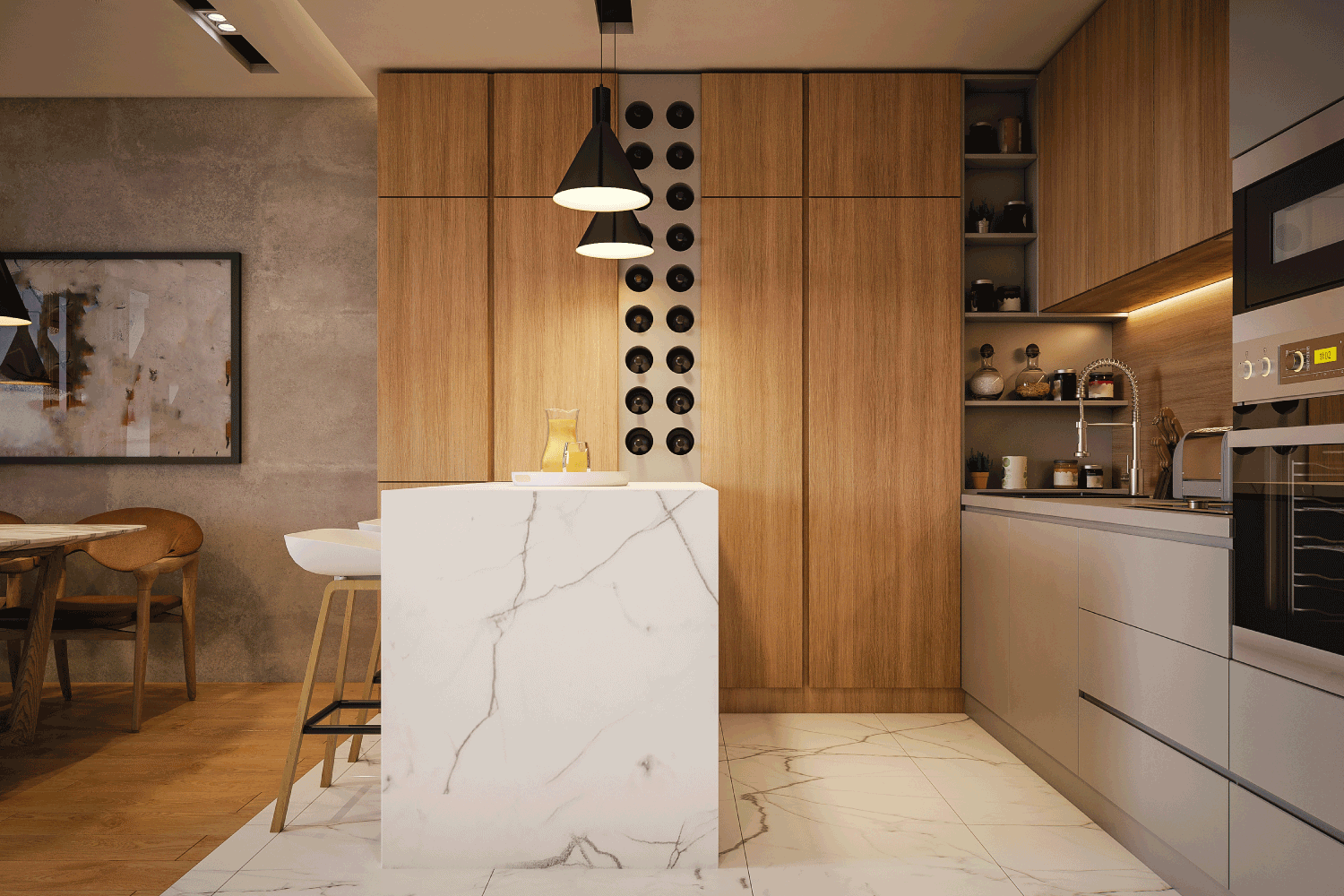 kitchen and living room with ambient marble light wood design