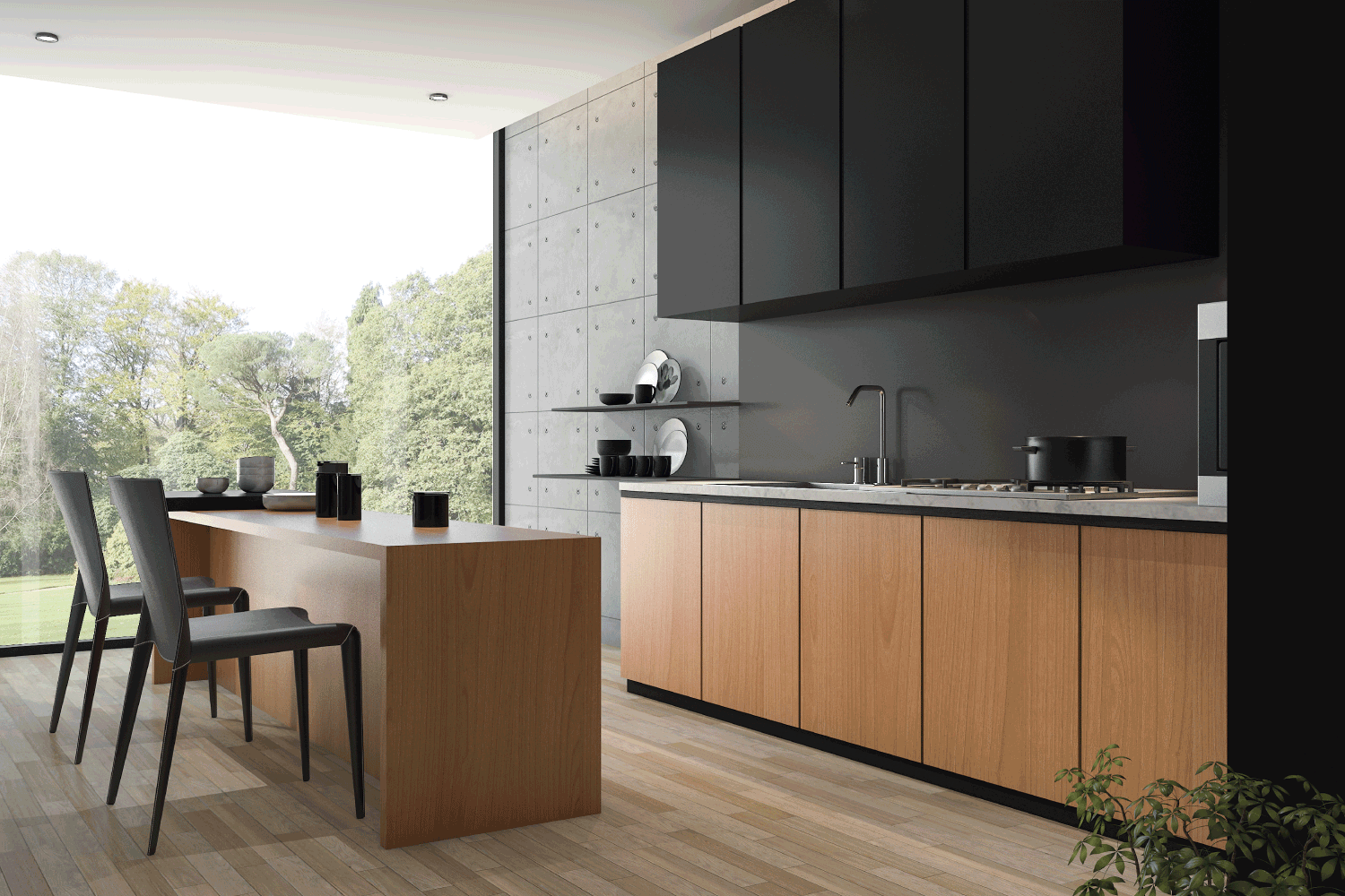 modern black kitchen with wood built in. matte black accents