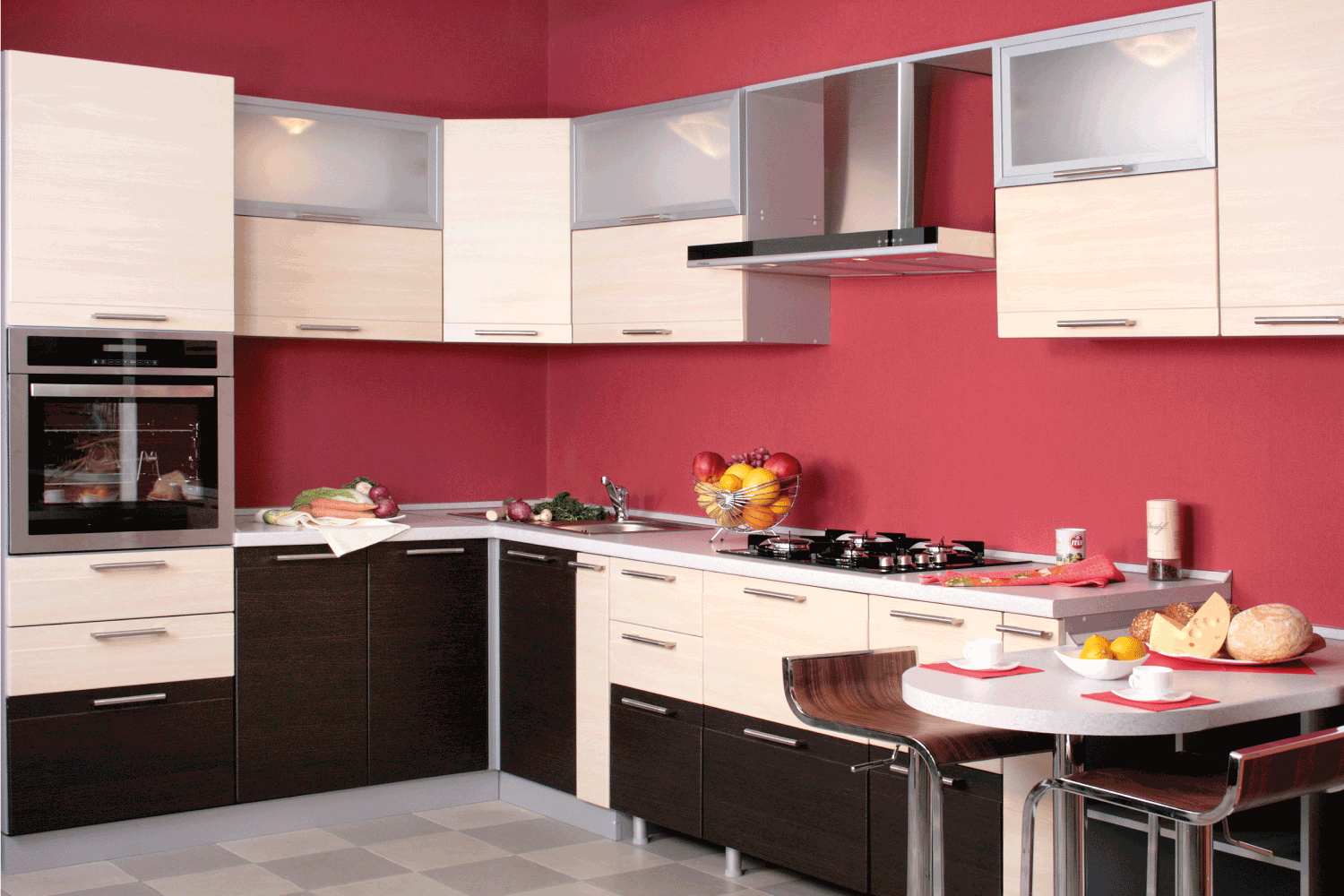 red wall in kitchen with dark brown and beige cabinetry