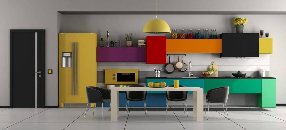Colorful modern kitchen with table and chairs