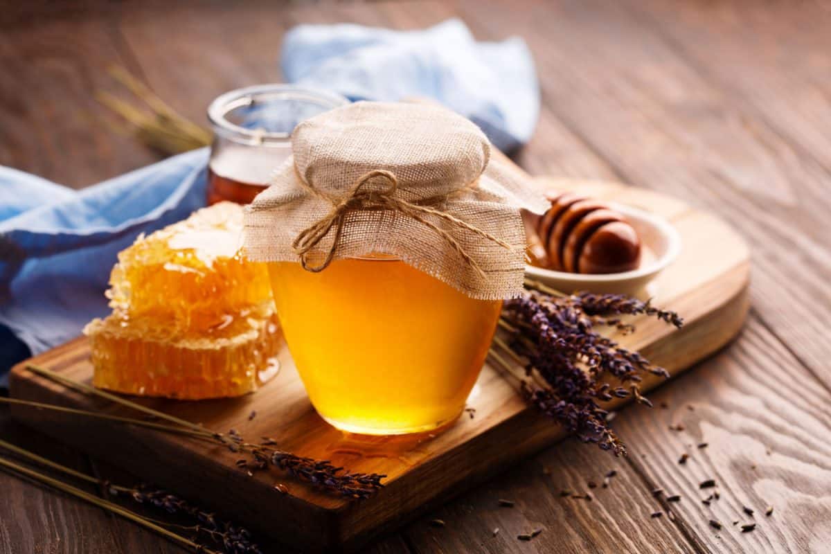 Jar of liquid honey with honeycomb inside and bunch of dry lavender over old wooden table, What Is The Best Container To Store Honey?