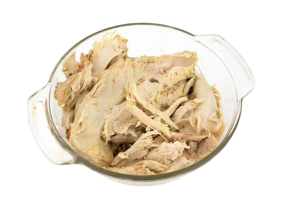 Pieces of boned turkey in bowl