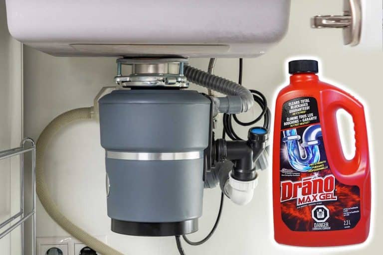 A collage of Drano clog remover drain cleaner and a garbage disposal on sink, Can You Use Drano On A Garbage Disposal?
