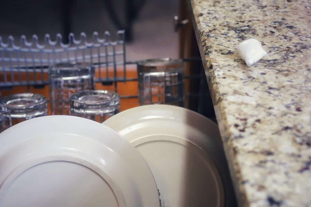 A dishwasher pod on a kitchen counter