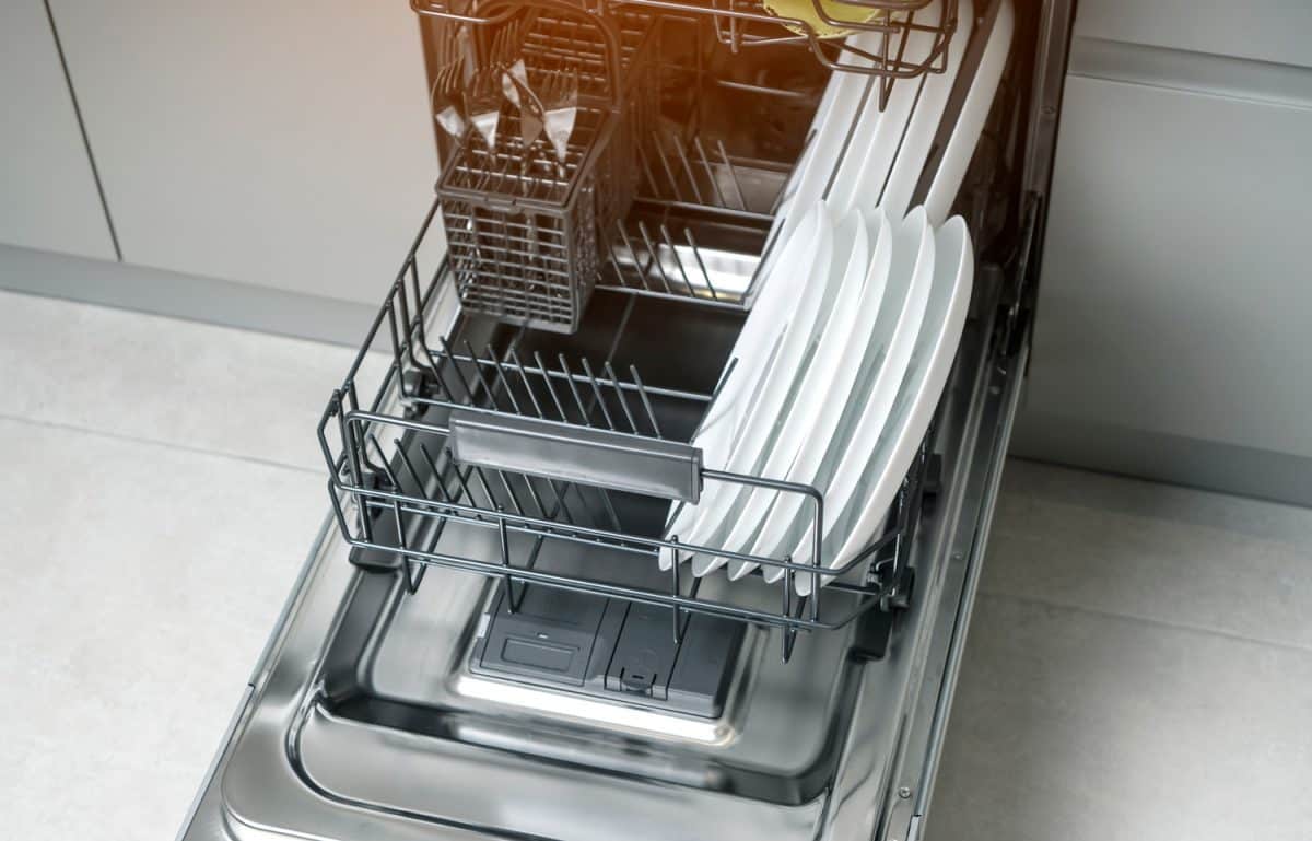 Built-in dishwasher machine in the modern kitchen.