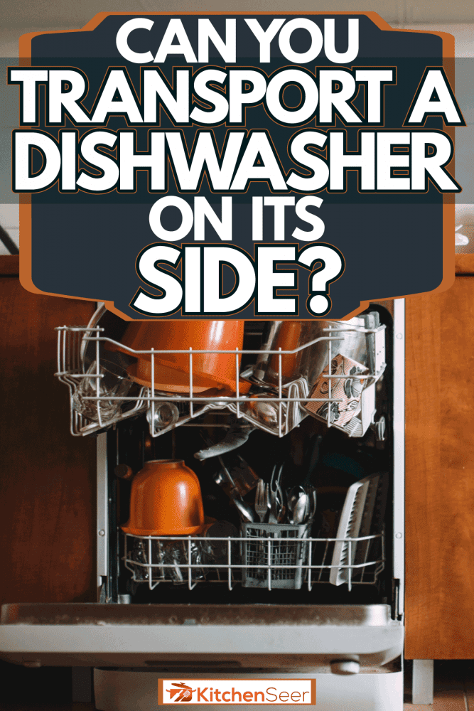 A small rustic kitchen with wooden cabinets and an opened dishwasher, Can You Transport A Dishwasher On Its Side?