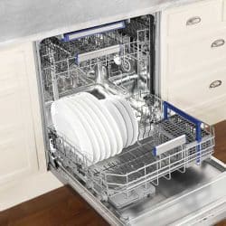 Clean dishes in an open dishwasher in domestic kitchen, How To Mount A Dishwasher To A Quartz Countertop