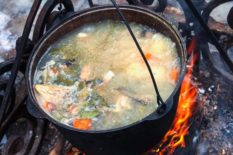 Cooking fish soup in a pot on the campfire, Best Pots For Cooking Over Campfire—Type And Size