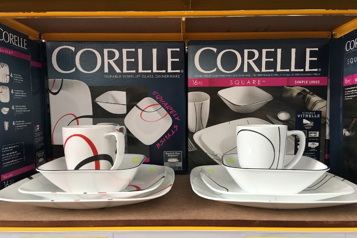 Corelle is a brand name of dinnerware, serve ware and drink ware set on the shelf
