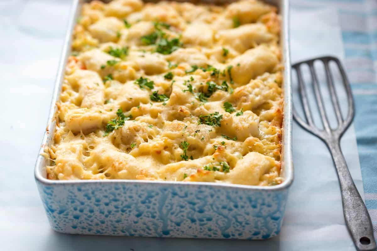 Delicious mac and cheese baked in a ceramic mold