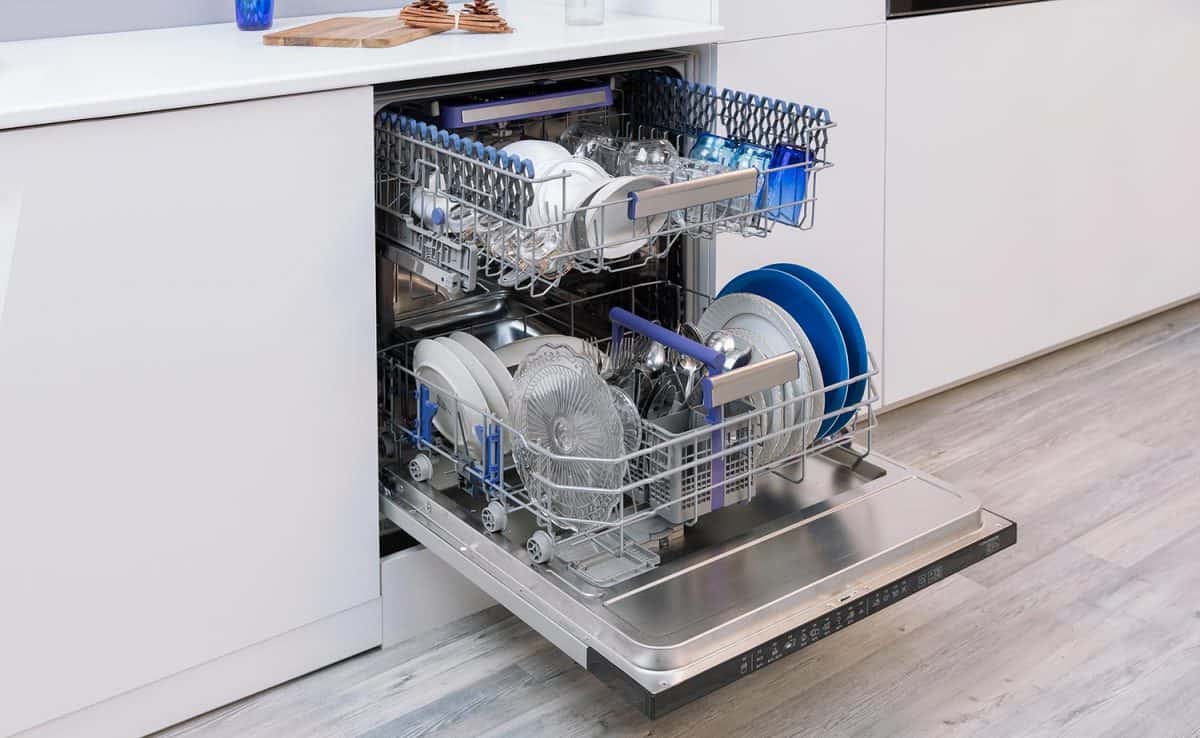 Dishwasher with blue plates and other dishware