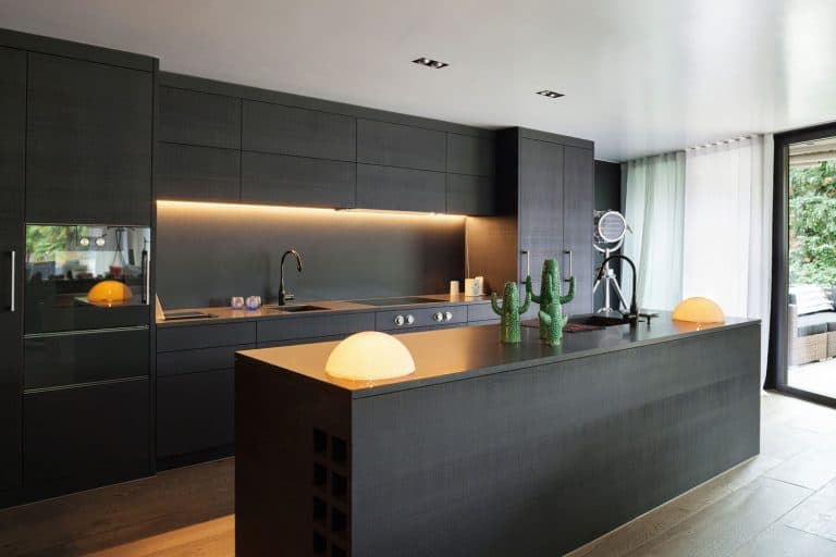 Modern kitchen with black furniture and wooden floor, What Color Cabinets Go With Black Countertops?