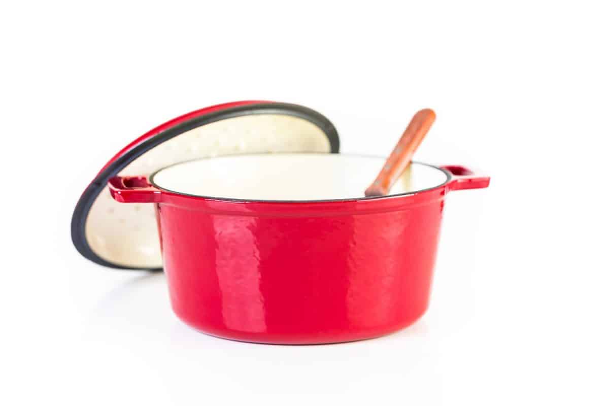 Red enameled cast iron covered dutch oven