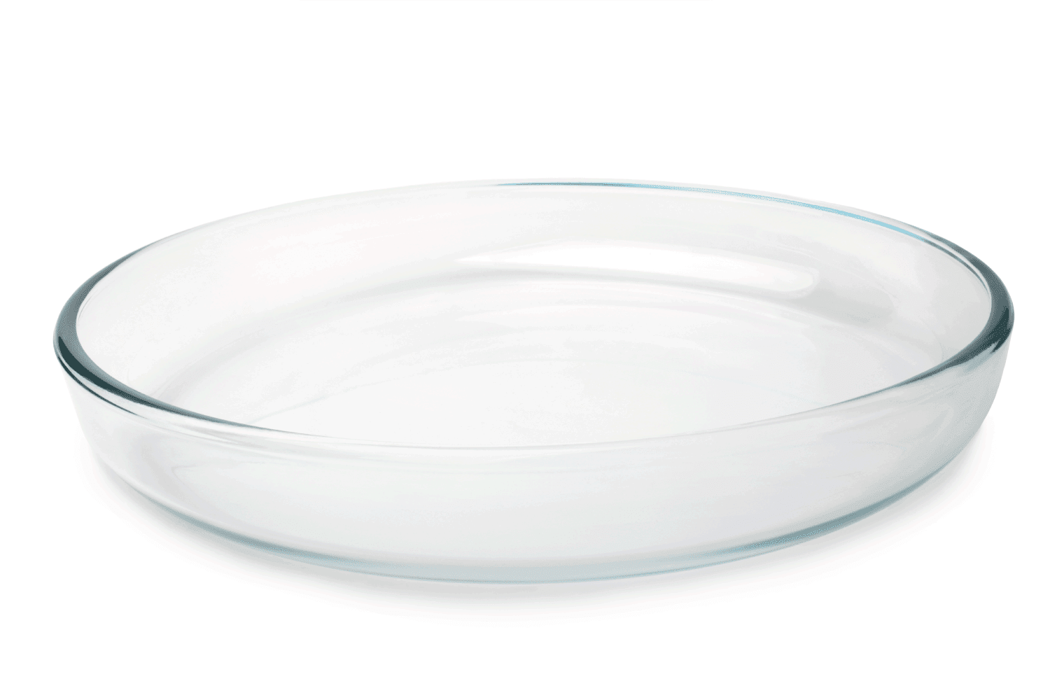 Round glass baking tray on white background