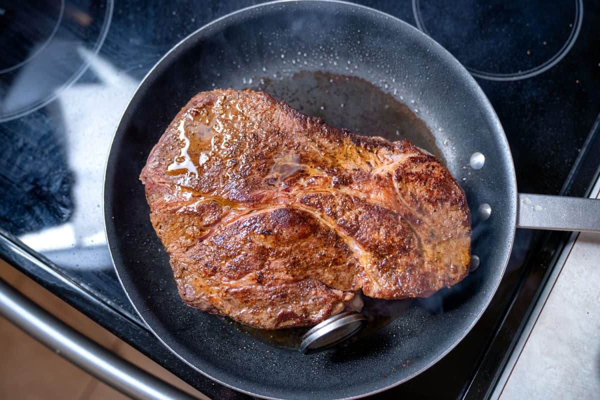 Searing a big slice of beef in a non stick skillet