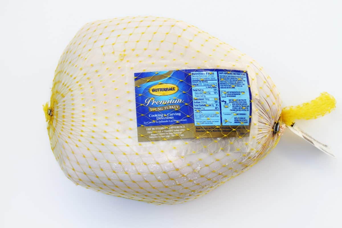 This is a studio product shot of a frozen Butterball turkey. Thousands of American families cook Butterball turkeys for their Thanksgiving dinner.