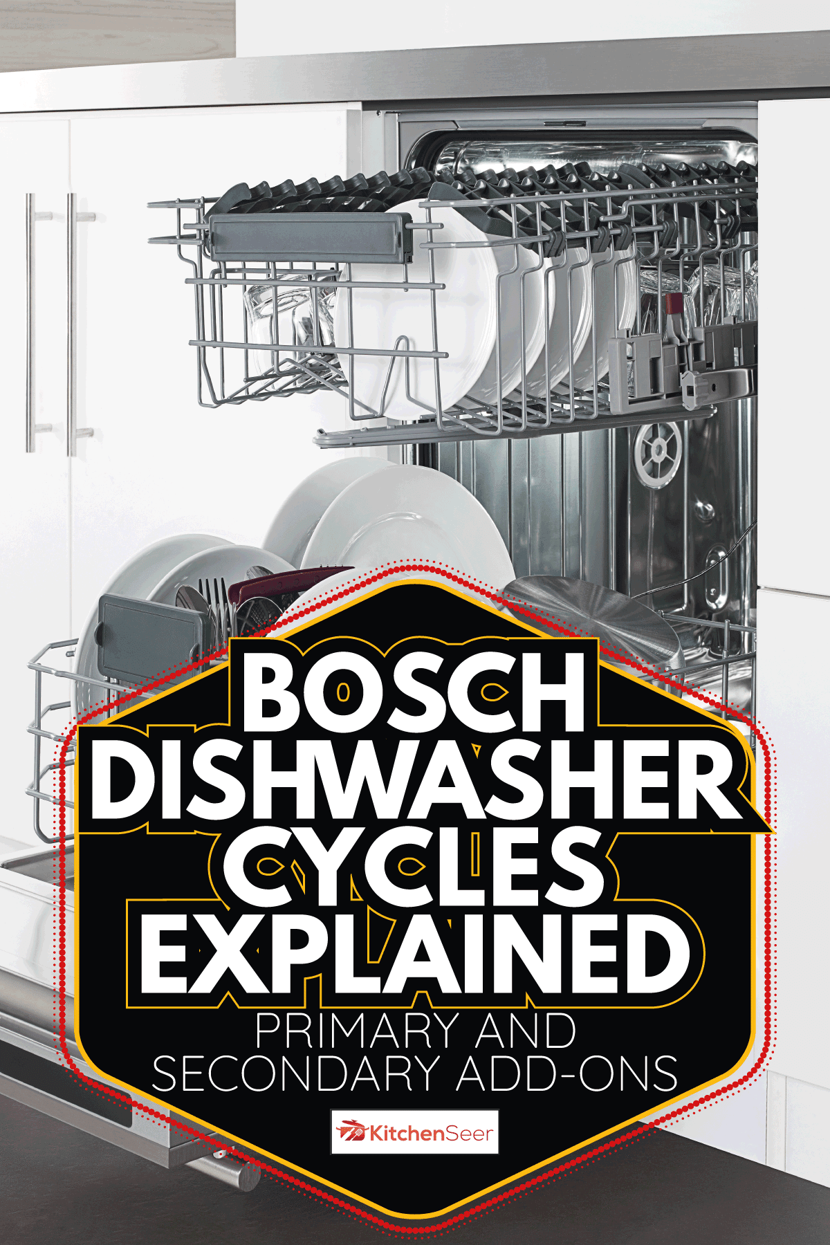 clean dishes in an open dishwasher in domestic kitchen. Bosch Dishwasher Cycles Explained—Primary And Secondary Add-Ons