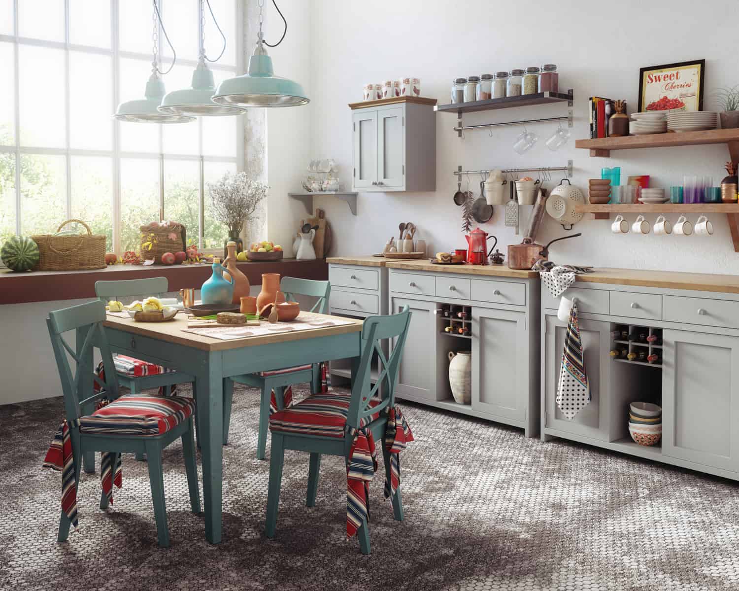 cozy and rustic domestic kitchen interior, with a lot of vintage ethnic props and kitchen utensils.