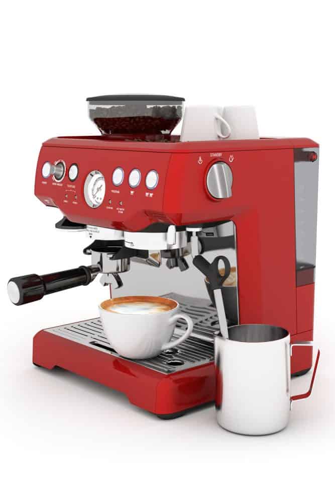 A red Breville Espresso machine on a white background