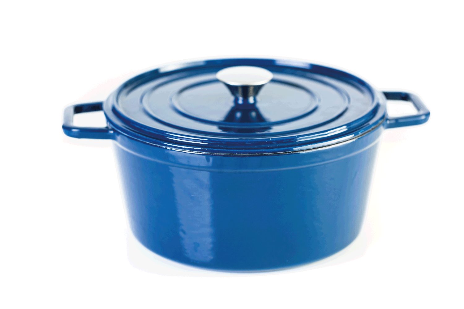 Blue enameled cast iron covered dutch oven on a white background.