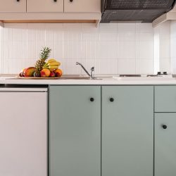 Closeup of white tile splashback on empty wall in simple cabinet module of modern interior kitchen with small fridge, vent, sink, stove, fruit plate, How To Reverse The Door On Danby Refrigerator