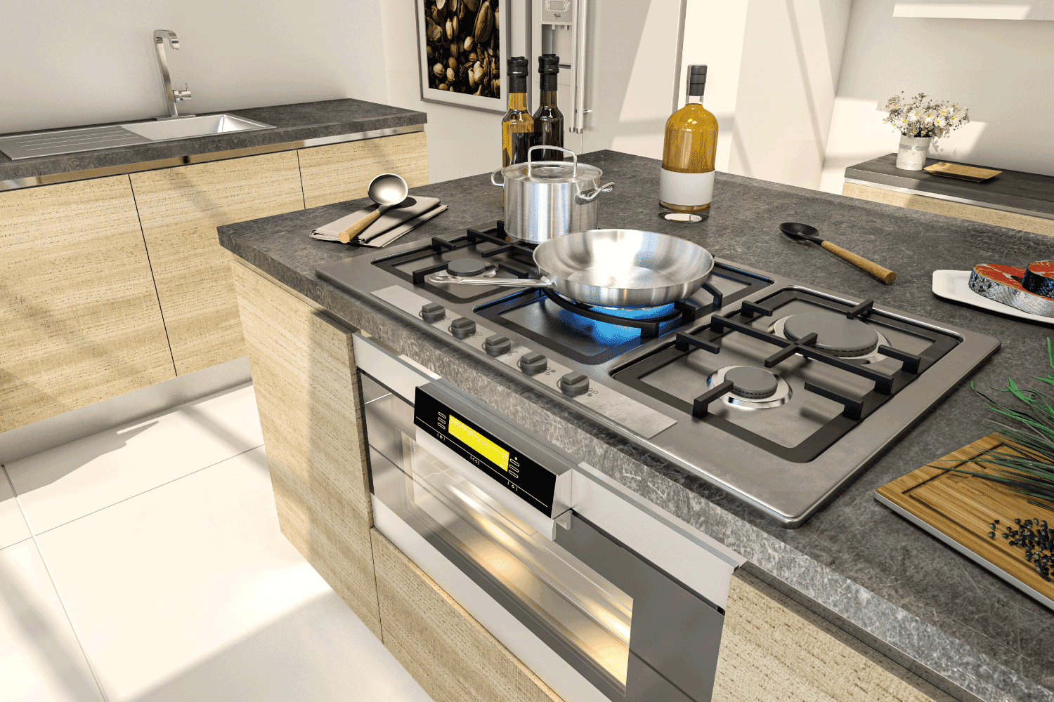 Cooking area of a modern stylish kitchen with skillet on top of open stove