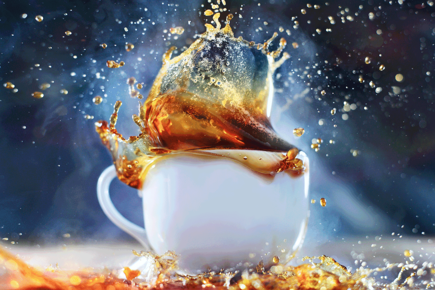 Great splash in the cup of coffee on a blue background.