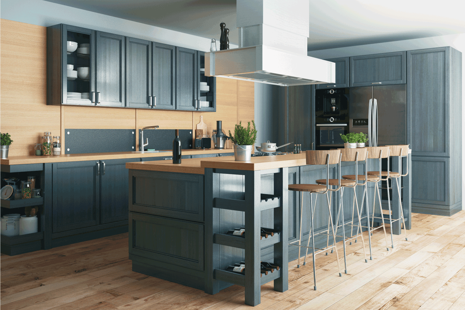 Interior of modern kitchen in luxury mansion. indigo painted wood