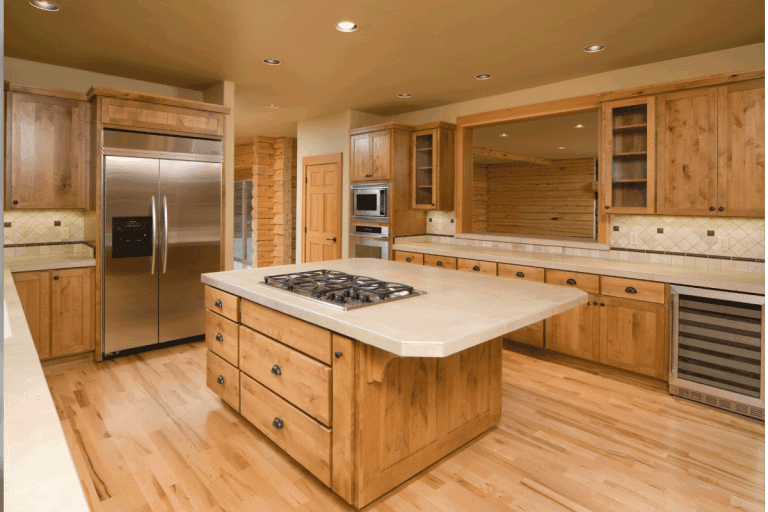 Log home kitchen with a island. 15 Gorgeous Knotty Pine Kitchen Ideas