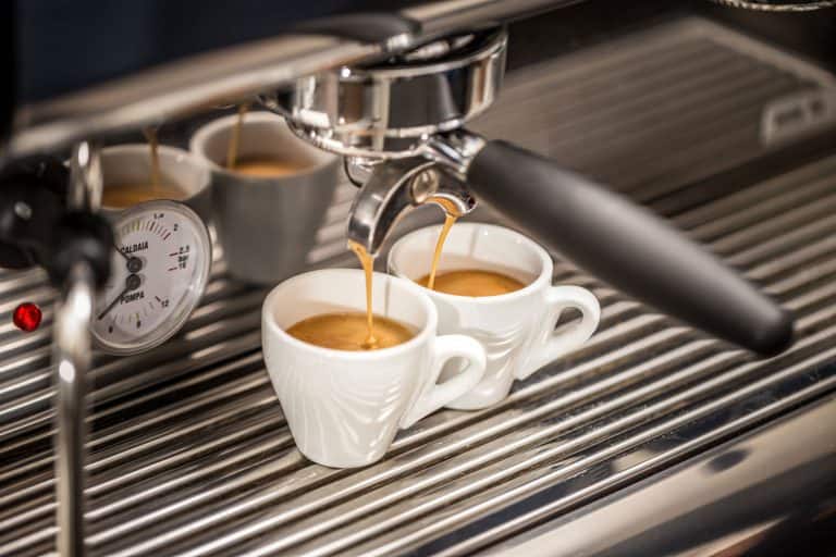 Professional espresso machine pouring fresh coffee into a ceramic cup, How Often Should You Descale An Espresso Machine?