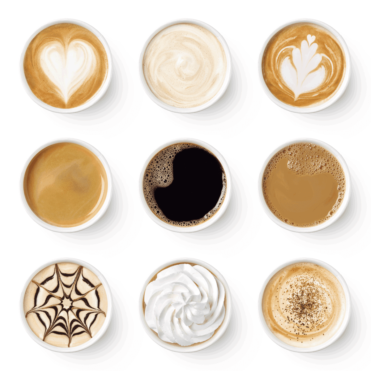 Set of different coffee types in take away paper cups