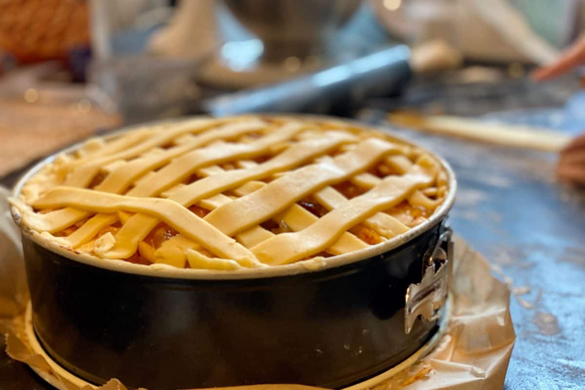 Up close photo of a delicious Dutch apple pie