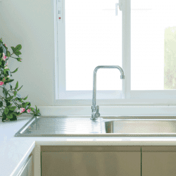 kitchen sink with silver faucet in kitchen room, modern counter with sink in kitchen room. What Color Sink With White Countertops