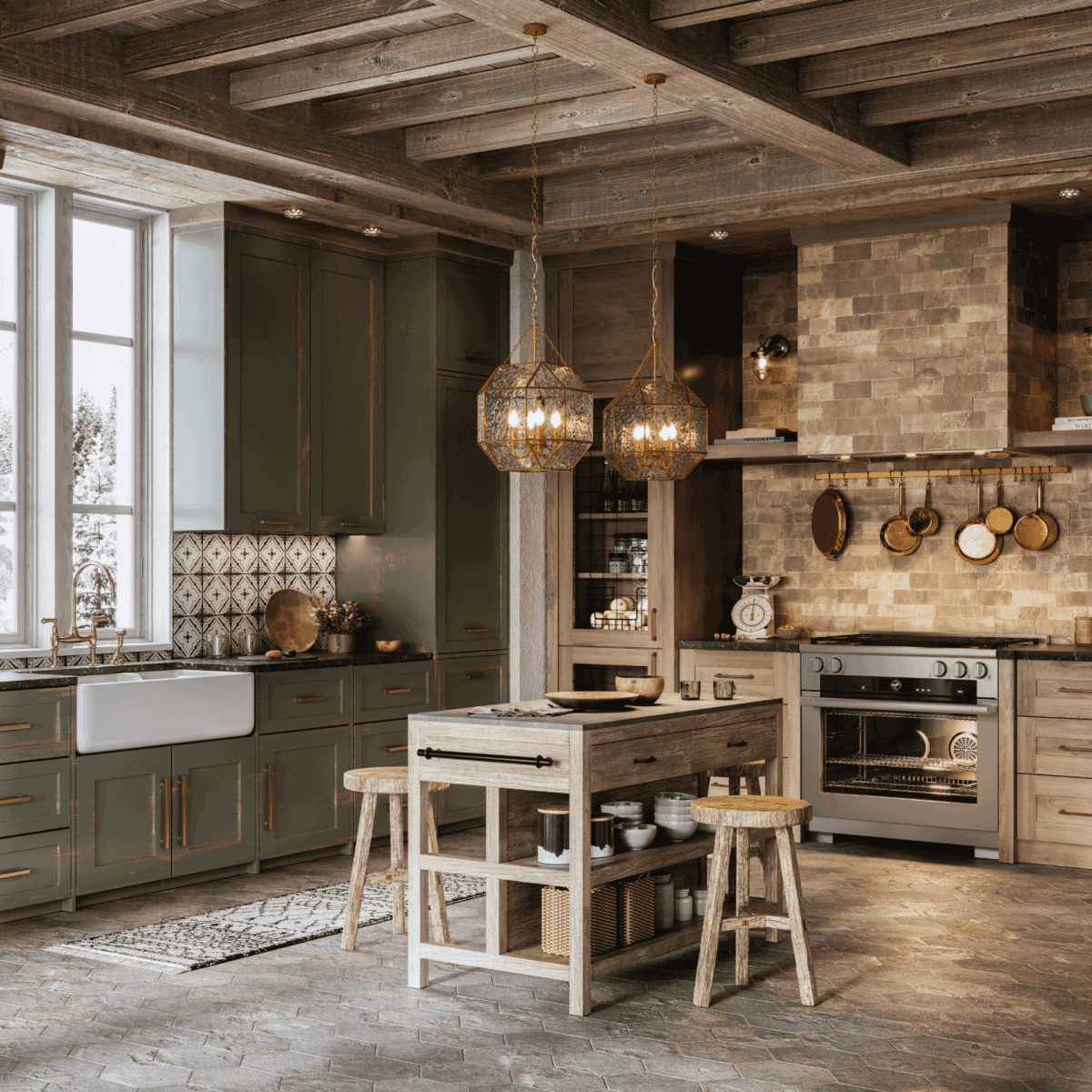 spacious kitchen design of a log house. worn earthy green
