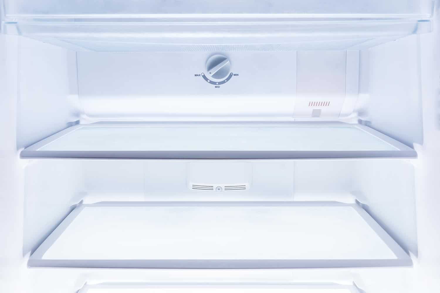 Inside of clean and empty refrigerator with shelves