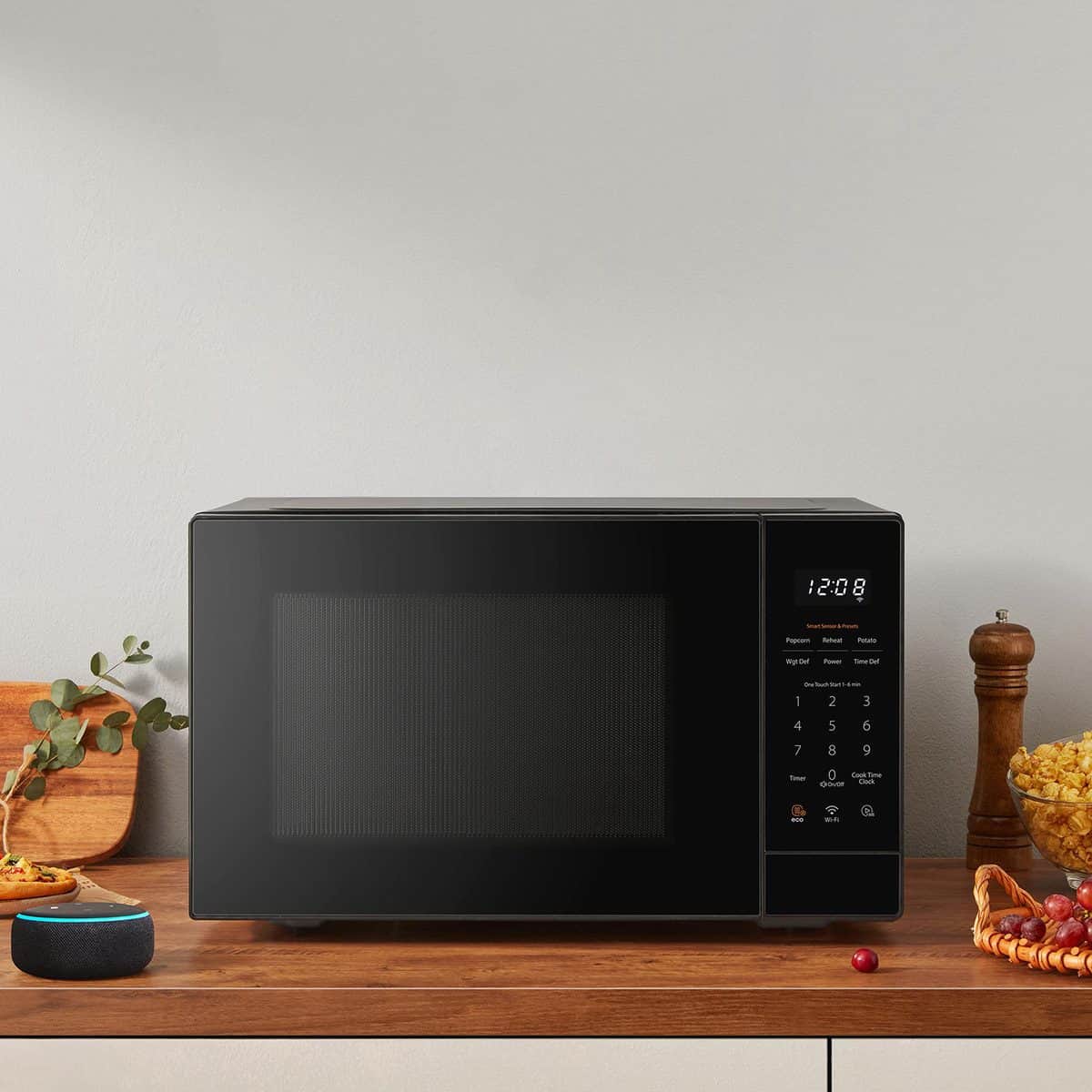 Microwave and voice assistant in kitchen