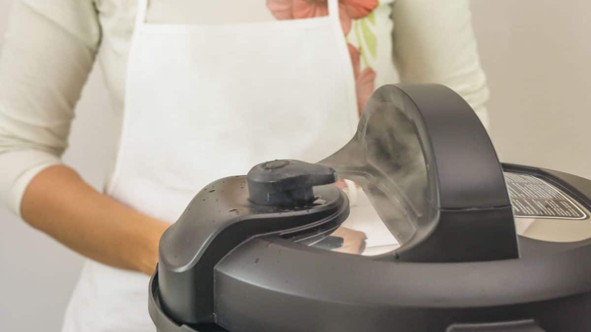 Modern electric multi cooker close up, woman silhouette on background