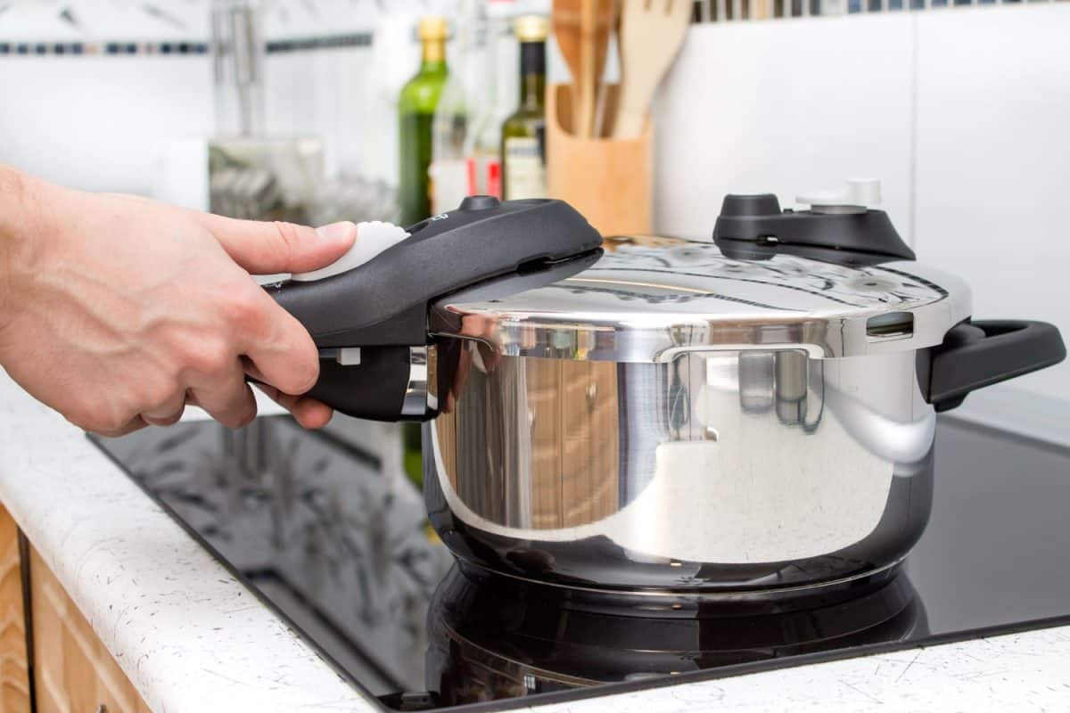 Woman cooking a delicious meal in the pressure cooker